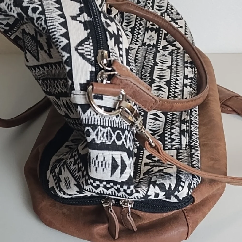 Travel Carry On Bag Brown with Black & Ivory Woven Texured Pattern Bag Large